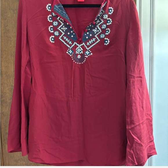 Shanghai Tang Tops - Shanghai Tang silk Embroidered Red Women's Top/tunic red - 8 boho